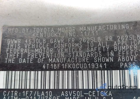 2012 Toyota Camry Xle from USA, damaged, VIN 4T1BF1FK0CU019341